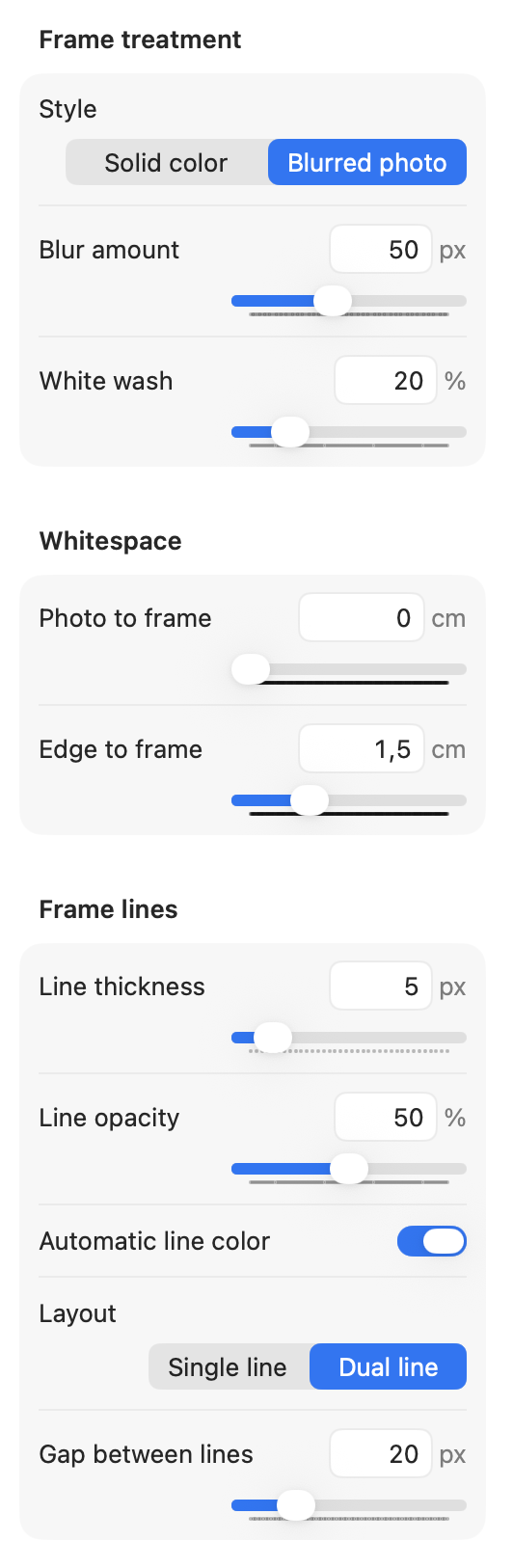 FrmIt controls for blurred photo frames, whitespace, and dual lines