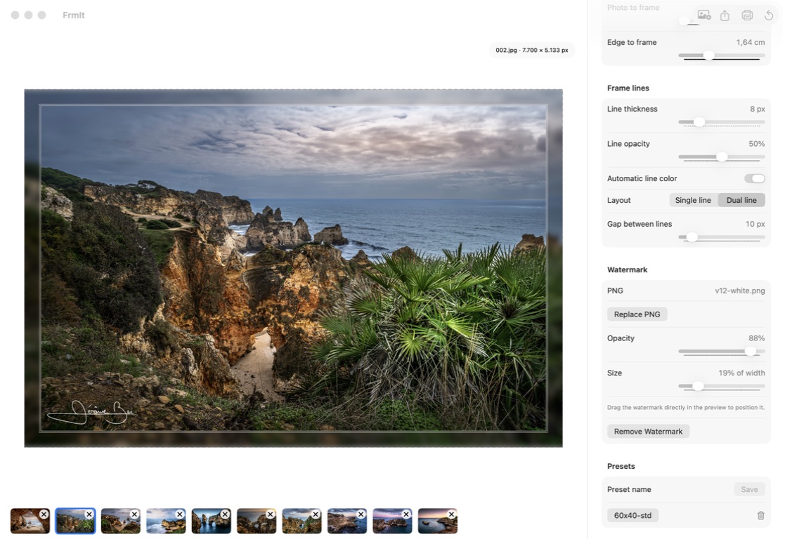 Close view of FrmIt’s macOS editor, frame controls, and carousel