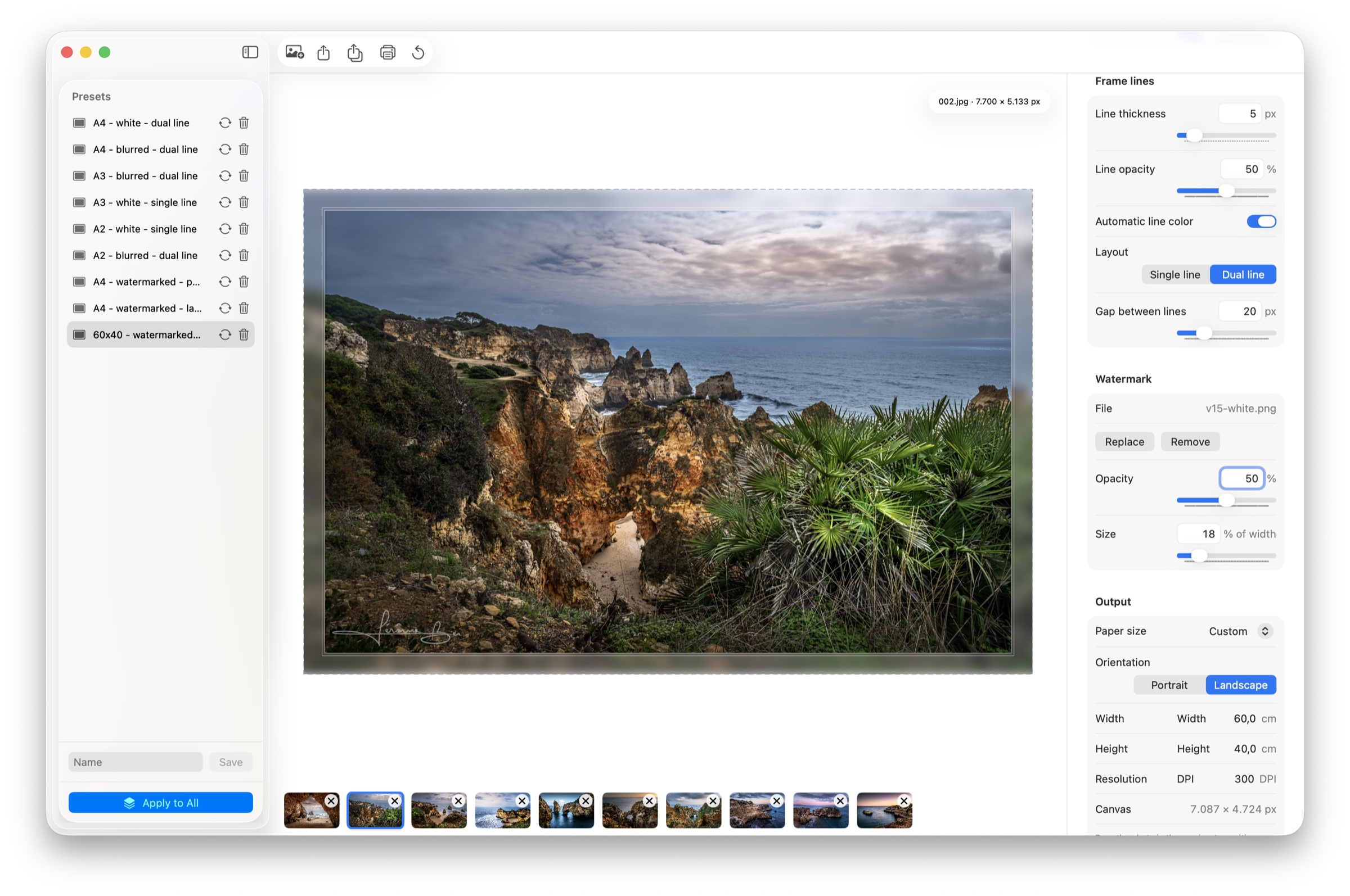 FrmIt on macOS showing a framed photograph, watermark tools, and a photo carousel