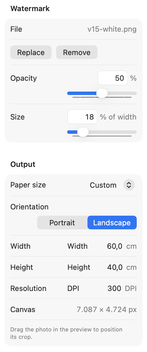 FrmIt controls for watermarks, output size, orientation, and DPI